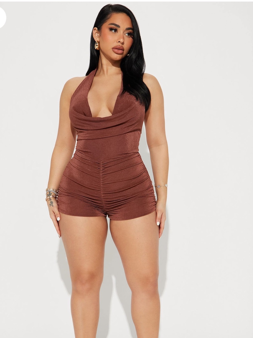 Ruched Cowl Neck Women's Shorts Romper - Brown(New)